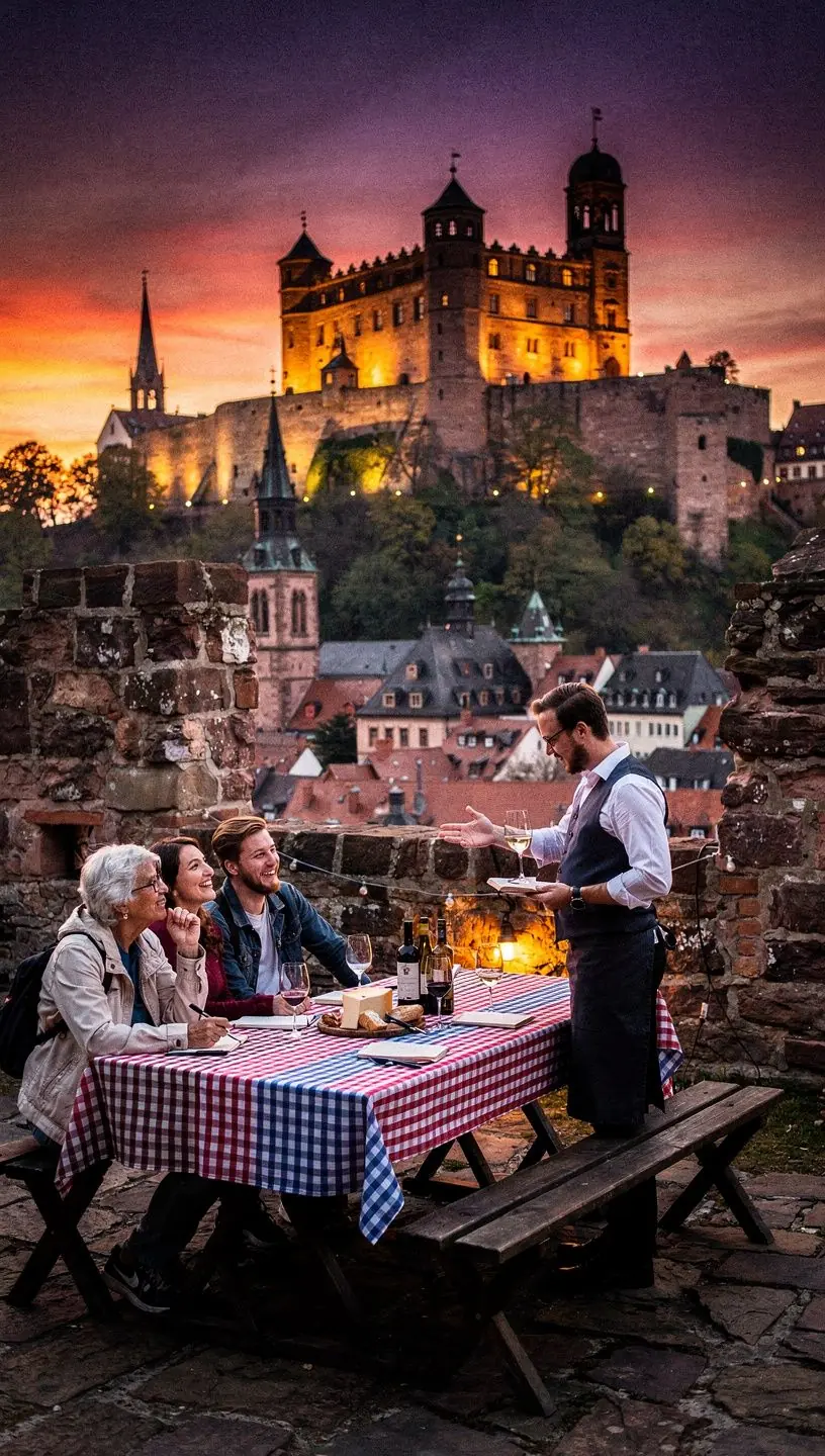 Geführte Tourgruppe, die vor einer mittelalterlichen Schlossfassade mit einem erfahrenen Reiseleiter steht.